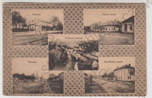  - Velká Bystřice (Olomouc), více záběrů, nádraží, Horní konec, Celkový pohled, náměstí, Spotřební spolek, koláž