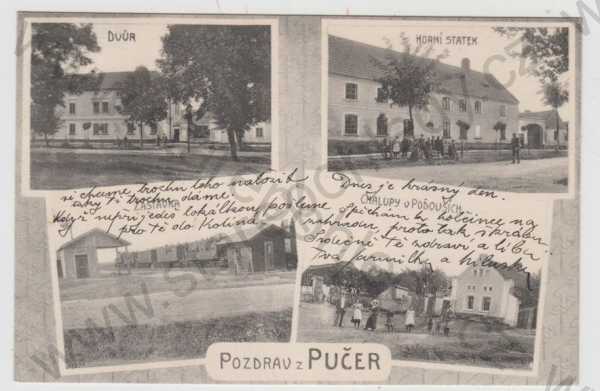  - Pučery (Kolín), více záběrů, Dvůr, Horní statek, zastávka, nádraží, chalupa, Poďousy, koláž