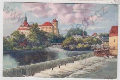  - Jindřichův Hradec (Neuhaus), zámek, řeka, kolorovaná