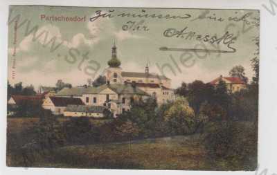  - Bartošovice (Partschendorf) - Nový Jičín, kostel, částečný záběr města, kolorovaná