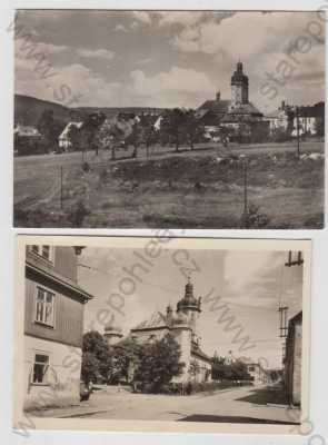  - 2x Horní Blatná (Karlovy Vary), celkový pohled, pohled ulicí, kostel, částečný záběr města