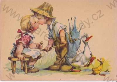  - Antonín Salač barevná kresba, dětský pár husa