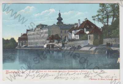  - České Budějovice (Budweis), gymnázium, klášter, řeka, loď, kolorovaná