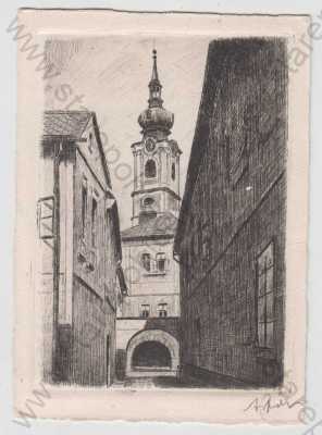  - Trutnov (Trautenau), pohled ulicí, kostel, kresba