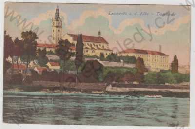  - Litoměřice (Leitmeritz), kostel, řeka, částečný záběr města, kolorovaná