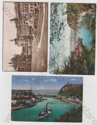  - 3x Děčín (Tetschen - Bodenbach), náměstí, kašna, socha, řeka, most, loď, parník, částečný záběr města, kolorovaná
