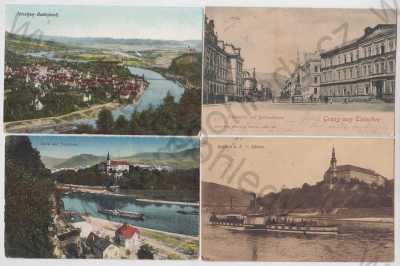  - 4x Děčín (Tetschen), pohled ulicí, náměstí, sloup, socha, zámek, řeka, parník, loď, celkový pohled, částečný záběr města, kolorovaná