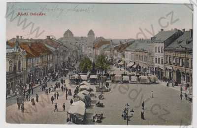  - Mladá Boleslav, náměstí, trh, obchod, reklama, kolorovaná
