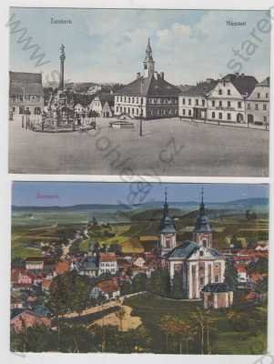  - 2x Žamberk (Ústí nad Orlicí), náměstí, kostel, částečný záběr města, kolorovaná
