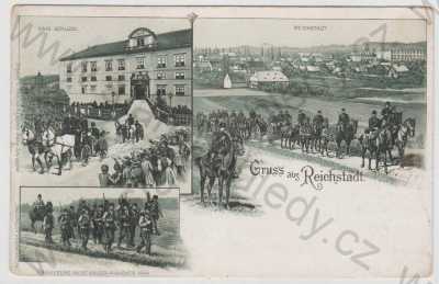  - Zákupy (Reichstadt) - Česká Lípa, více záběrů, celkový pohled, zámek, voják, kůň, kolorovaná, koláž, DA