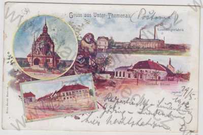  - Poštorná (Unter - Themenau) - Břeclav, více záběrů, kostel, továrna, restaurace, Armenhaus, kolorovaná, koláž, DA