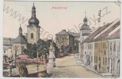  - Manětín (Plzeň - sever), kostel, pohled ulicí, částečný záběr města, kolorovaná