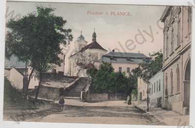 - Plánice (Klatovy), kostel, pohled ulicí, částečný záběr města, kolorovaná