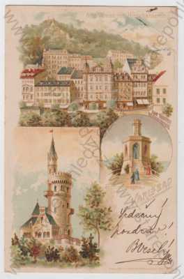  - Karlovy Vary (Karlsbad), více záběrů, Jelení skok, rozhledna, věž, kolorovaná, koláž, DA