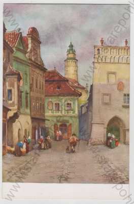  - Český Krumlov (Krummau), náměstí, akvarel, Wilhelm Fischer