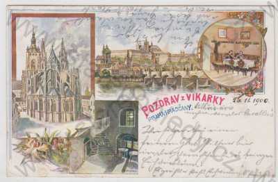  - Praha 1, více záběrů, Hradčany, Chrám sv. Víta, Vikárka, restaurace, kolorovaná, koláž, DA