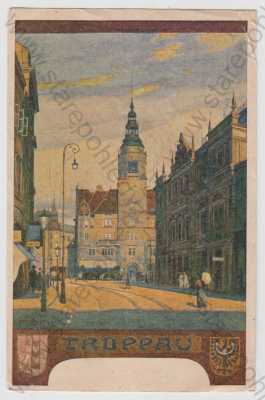  - Opava (Troppau), pohled ulicí, Věž Hláska, znak, erb, kolorovaná