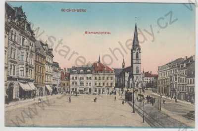  - Liberec (Reichenberg), náměstí, tramvaj, kůň, kočár, kolorovaná