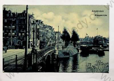  - Holandsko - Amsterdam - Weesperzijde, nábřeží, lodě, TRAMVAJ