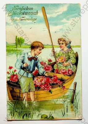  - Přání k jmeninám - chlapec a dívka, loďka, květiny, jezero, kolorovaná
