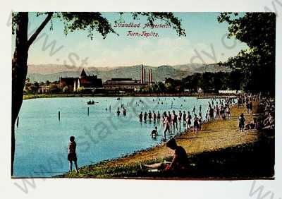  - Teplice - Trnovany - rybník, pláž, koupající se lidé, celkový záběr, kolorovaná