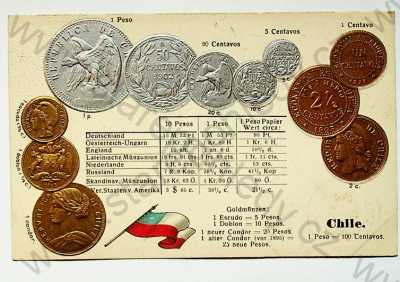  - Mince - Chile, kurzy měn, vlajka, kolorovaná, plastická karta, zlacená