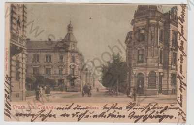  - Opava (Troppau), pohled ulicí, kůň, kočár, kolorovaná, DA