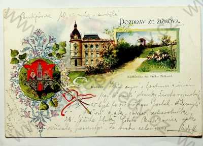  - Praha - Žižkov, radnice, rozhledna, ERB, více záběrů, kolorovaná, DA, litografie