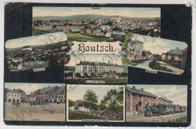  - Budišov nad Budišovkou (Bautsch) - Opava, více záběrů, celkový pohled, továrna, tabák, náměstí, nádraží, část města, kolorovaná, koláž