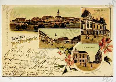  - Moravské Budějovice - celkový pohled, náměstí, c. k. hejtmanství, Národní dům, litografie, DA, koláž, kolorovaná
