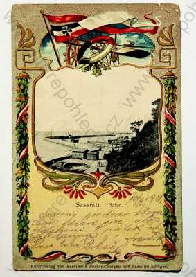  - Německo - Sassnitz (Sasnice) - přístav, koláž, vlajka, kolorovaná, zlacená, plastická karta, DA