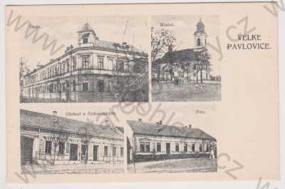  - Velké Pavlovice - škola, kostel, obchod Štikarofský, fara