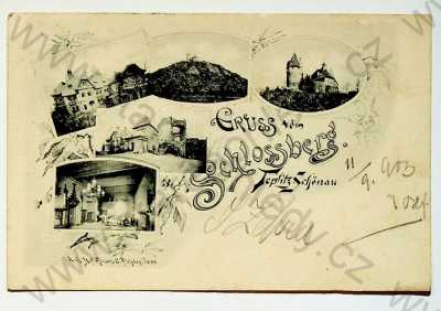  - Teplice - Doubravská hora (Schlossberg) - hrad, vily, interiér, zřícenina, litografie, DA, koláž, více záběrů