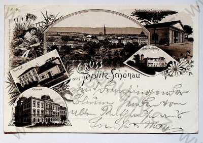  - Teplice - celkový pohled, lázně, Schlackenburg, Steinbad, Kaiserbad, litografie, DA, koláž, více záběrů