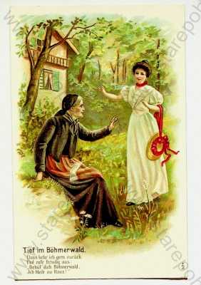  - Tief im Böhmerwald (Šumava) - příroda, dívka, starší žena, kolorovaná, plastická karta
