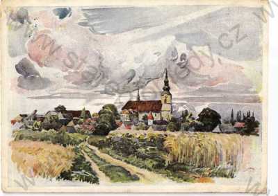  - Kostelec na Hané, Prostějov, akvarel V. Topinky, částečný záběr města