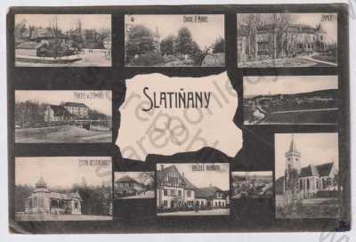  - Slatiňany (Chrudim), více záběrů, kostel, partie u zámku, celkový pohled, letní restaurace, zámek, knížecí konírny
