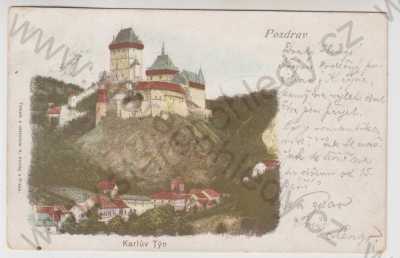  - Karlův Týn (Beroun), částečný záběr města, Hrad Karlštejn, kolorovaná, DA