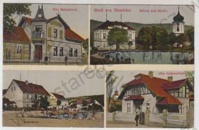  - Soběchleby (Oberklee) - Louny, více záběrů, Villa Nekowitsch, škola, kostel, Villa Hallatschka, část města, kráva, kolorovaná