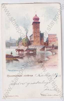  - Novoměstská vodárna (Praha 1), DA, barevná, kolorovaná, kresba, celkový pohled, řeka, kůň, loďka
