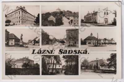  - Lázně Sadská (Nymburk), více záběrů, náměstí, socha, morový sloup, pohled ulicí, domy, Fototypia-Vyškov