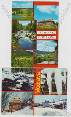  - 2x Modrava (Klatovy), Klostermannova chata, sníh, zimní, částečný záběr města