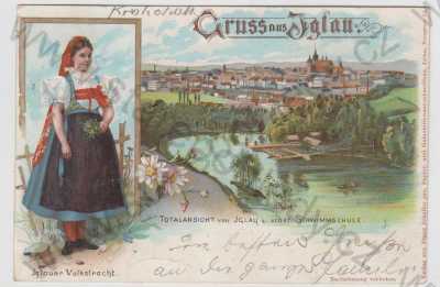  - Jihlava (Iglau), celkový pohled, žena, kroj, kolorovaná, koláž, DA