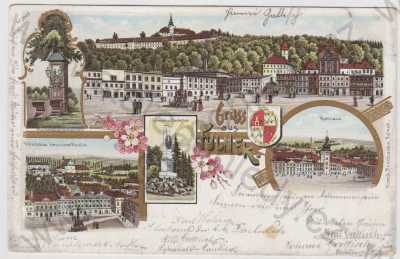  - Fulnek (Nový Jičín), více záběrů, pomník, náměstí, Villa Kobsa, klášter, radnice, část města, erb, znak, kolorovaná, zlacená, koláž, DA
