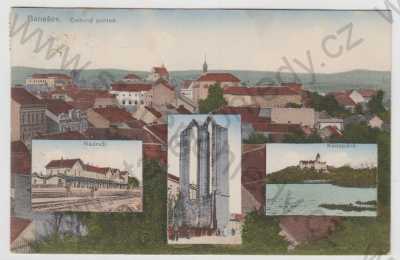  - Benešov, více záběrů, celkový pohled, nádraží, Konopiště, kolorovaná, koláž