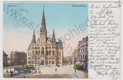  - Liberec (Reichenberg), náměstí, radnice, tramvaj, kolorovaná, DA