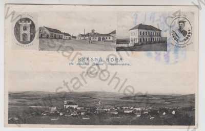  - Krásná Hora (Příbram), více záběrů, celkový pohled, náměstí, škola, Dr. Miroslav Tyrš, portrét, znak, erb