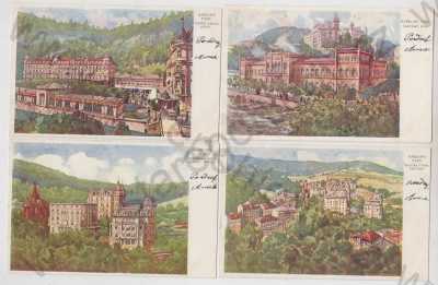  - 4x Karlovy Vary, lázeňský dům, vilová čtvrť, Hotel Pupp, královská vila, kostel, kolorovaná, DA