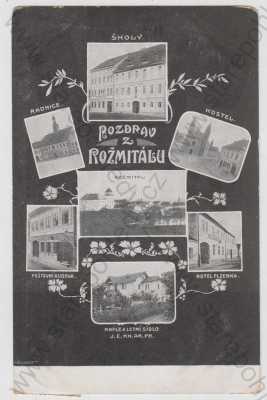  - Rožmitál (Příbram), více záběrů, radnice, škola, kostel, celkový pohled, pošta, hotel, kaple, fotokoláž