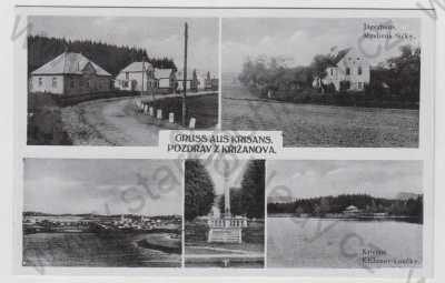  - Křižanov (Krisans) - Žďár nad Sázavou, více záběrů, pohled ulicí, myslivna, celkový pohled, pomník, Loučky